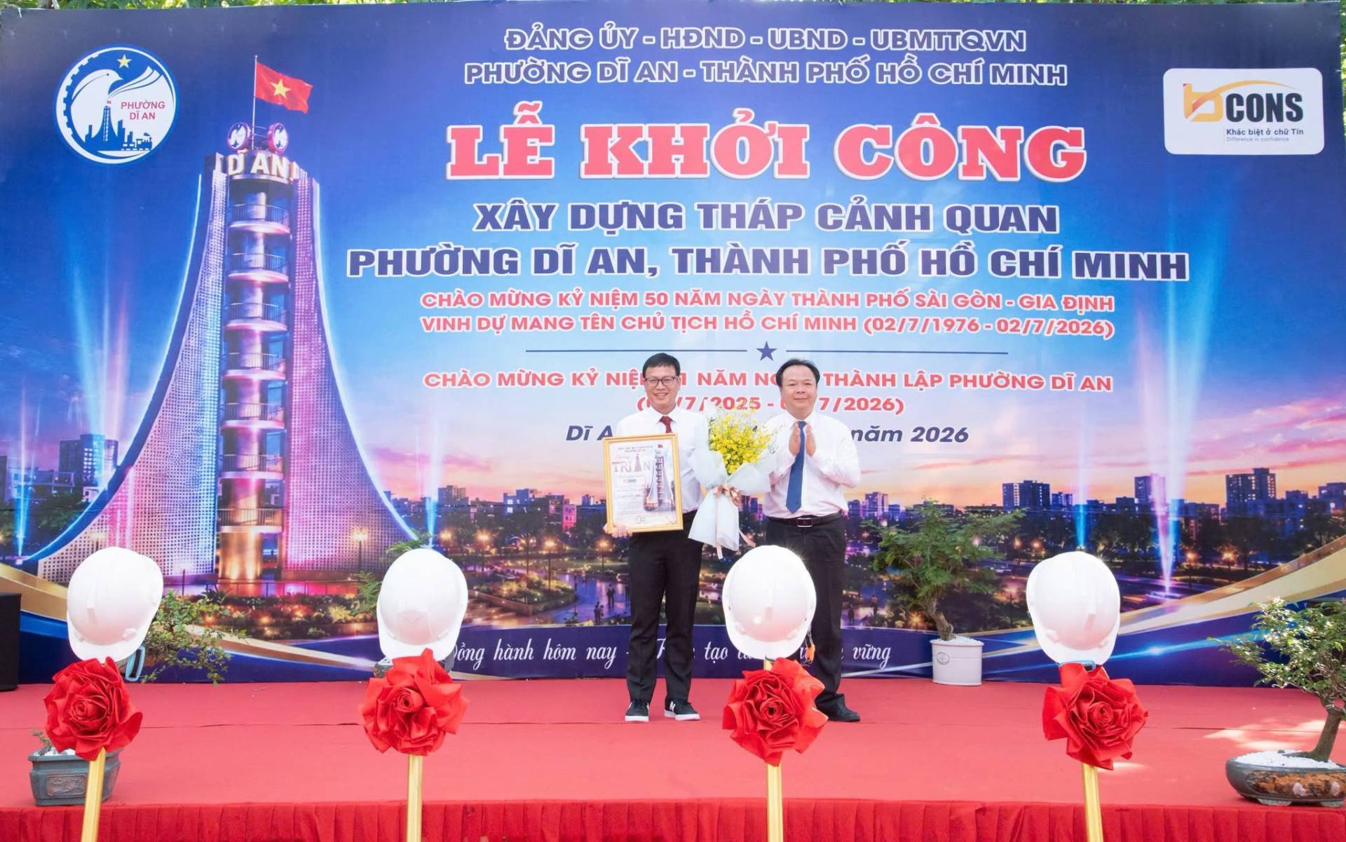 Có thể là hình ảnh về cái bục và văn bản cho biết 'C MN OTAN PHƯỜNG CONS KheS ch Tin ĐÂNG ÚY HĐND UBND UBMTTQVN PHƯỠNG DI AN -THÀNH PHỐ HỒ CHÍ MINH LỄ KHỞI CÔNG XÂY DỰNG THÁP CẢNH QUAN PHƯỜNG DĨ AN, THÀNH PHỐ HỒ CHÍ MINH CHÀO MỪNG KỶ NIỆM 50 NĂM NGÀY THÀNH PHỐ SÀI GÒN GIA ĐỊNH VINH DỰ MANG TÊN CHỦ TỊCH HỒ CHÍ MINH (02/7/1976- -02/7/2026) CHÀO MỪNG κΥ NIỆL 文 NĂM NO 2025 DI THÀNH LẬP PHƯỜNG DI AN 7/2026) năm 2026 1 ั hành hôm nay tạo vừng'