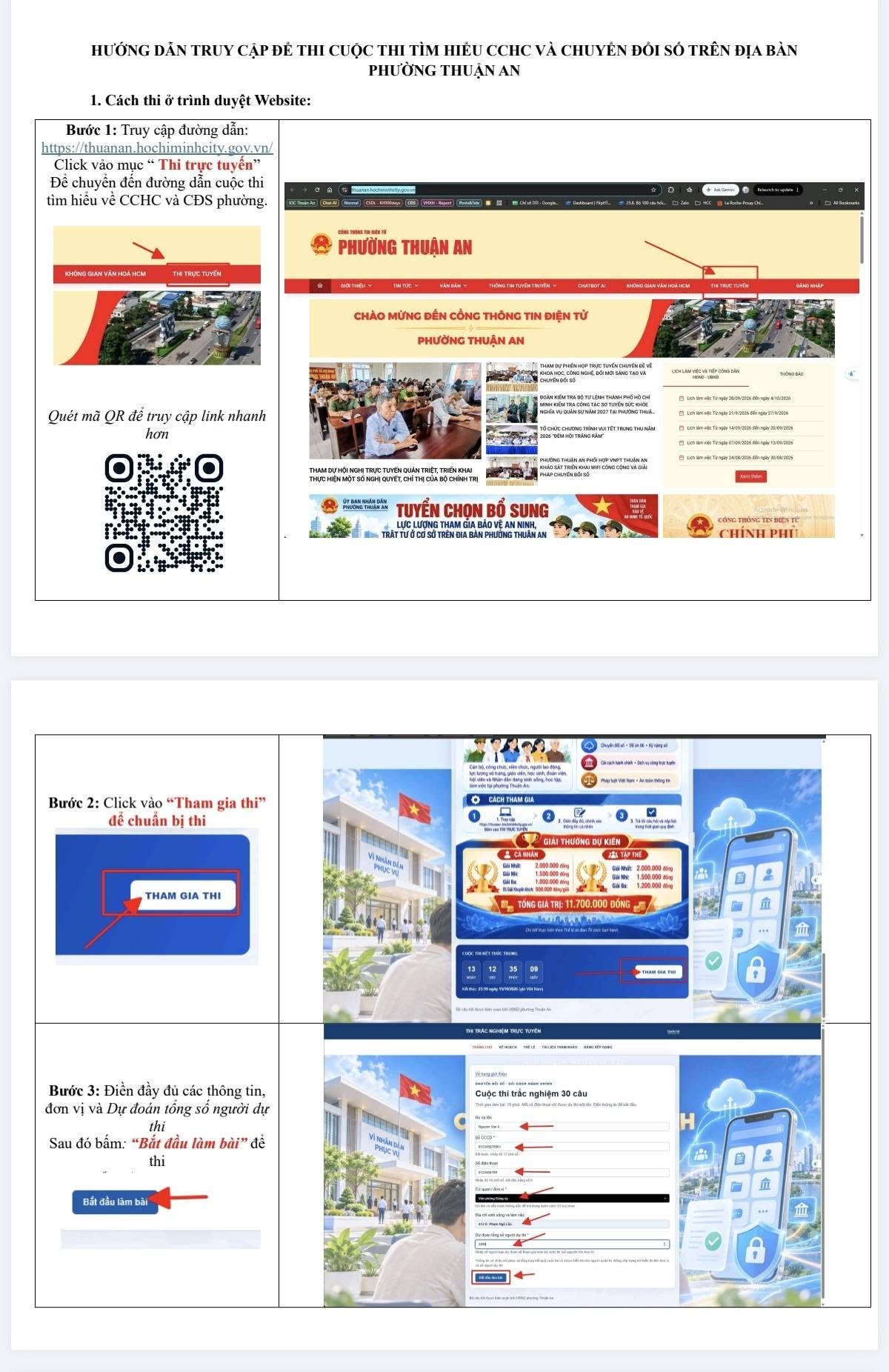 PHƯỜNG THUẬN AN HƯỚNG DẪN CÁC BƯỚC TRUY CẬP ĐỀ THI CUỘC THI TÌM HIỂU CẢI CÁCH HÀNH CHÍNH VÀ CHUYỂN ĐỔI SỐ TRÊN ĐỊA BÀN PHƯỜNG THUẬN AN