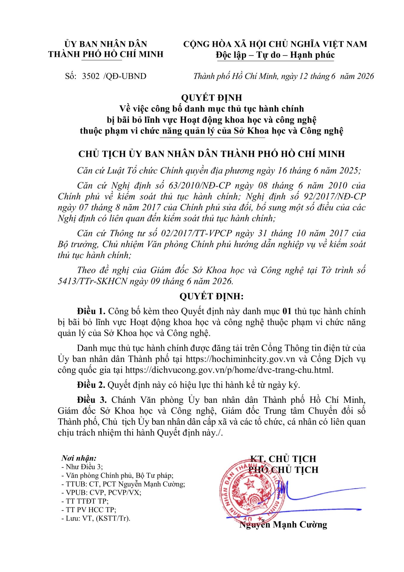 Thủ tục hành chính  bị bãi bỏ lĩnh vực Hoạt động khoa học và công nghệ  thuộc phạm vi chức năng quản lý của Sở Khoa học và Công nghệ