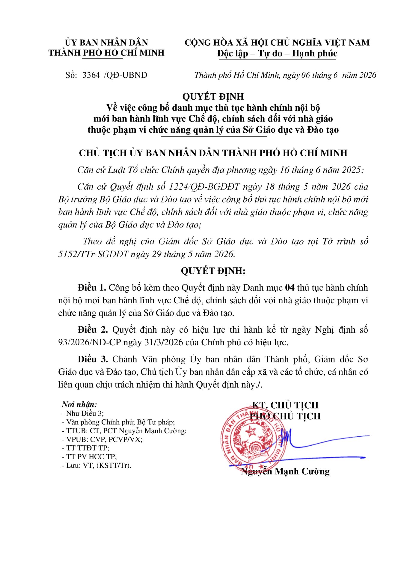 Thủ tục hành chính nội bộ mới ban hành lĩnh vực Chế độ, chính sách đối với nhà giáo thuộc phạm vi chức năng quản lý của Sở Giáo dục và Đào tạo