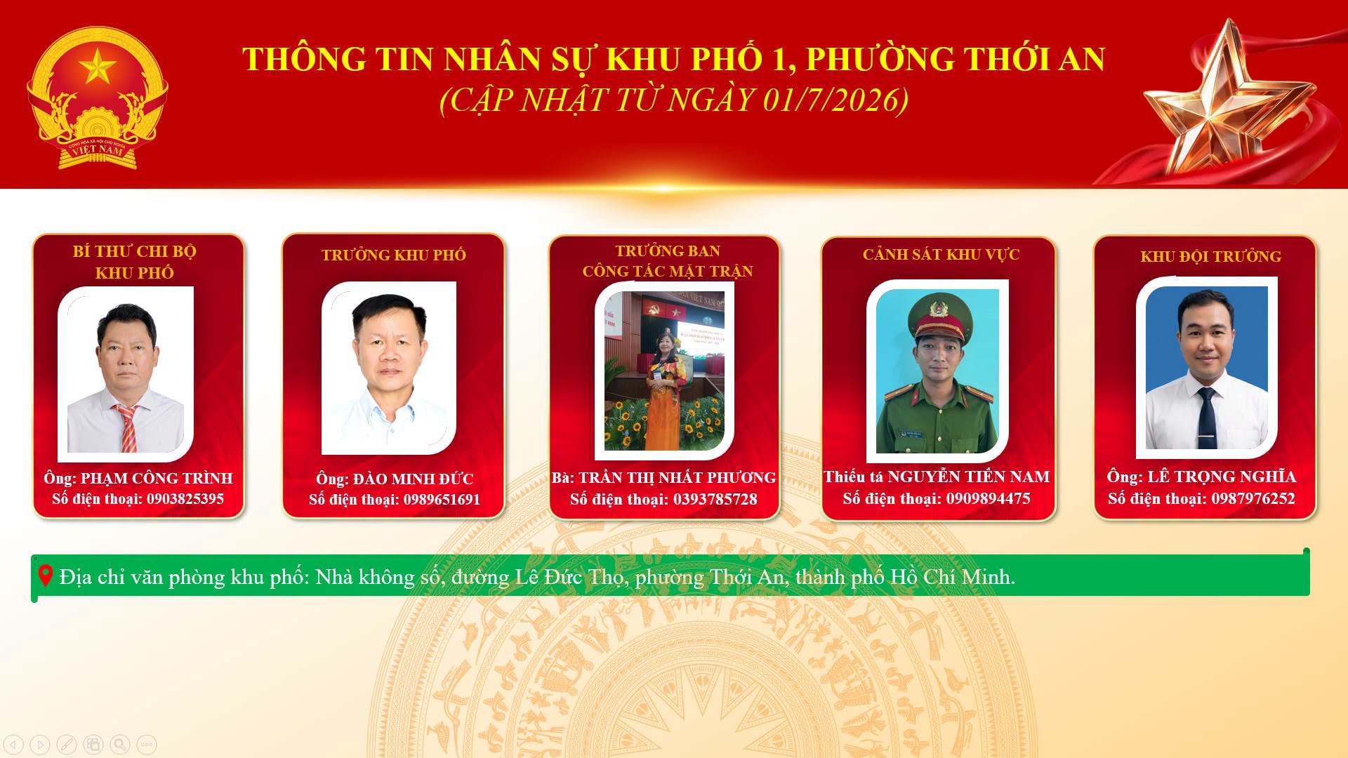 PHƯỜNG THỚI AN: THÔNG TIN NHÂN SỰ KHU PHỐ 1 ĐẾN KHU PHỐ 28. Cập nhật từ ngày 01/7/2026.