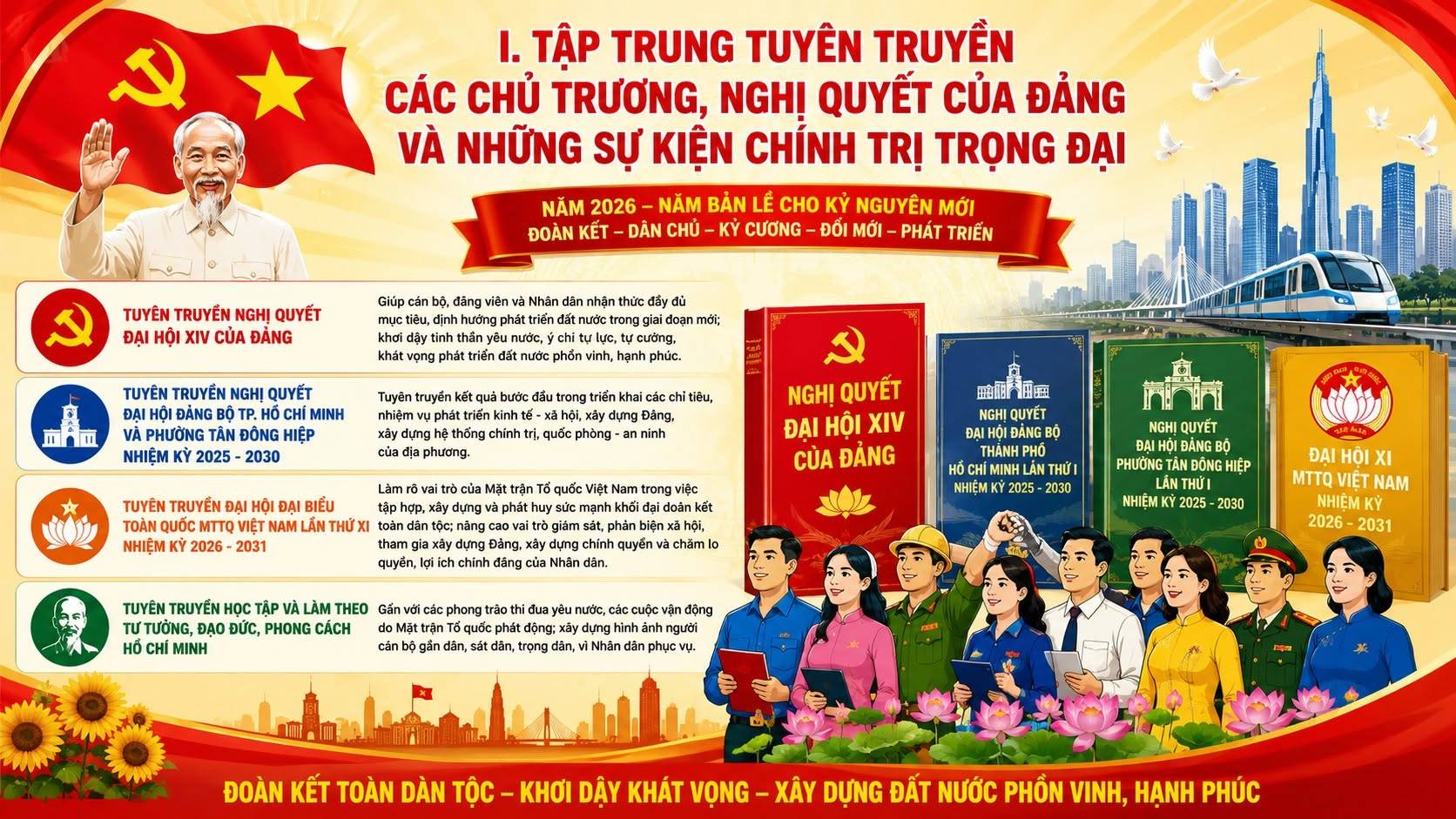 Có thể là hình ảnh về văn bản cho biết 'TẬP TRUNG TUYÊN TRUYỀN CÁC CHỦ TRƯƠNG, NGHỊ QUYẾT CỦA ĐẢNG VÀ NHỮNG SỰ KIỆN CHÍNH TRỊ TRỌNG ĐẠI NĂM 2026 NĂM BẢN LỄ KỲ DÂN CƯƠNG TUYÊN TRUYỀN Giúp QUYẾT ĐẢNG Nhăn PHÁT TRIẾN chi vinh, TUYÊN TRUYỀN NGHI QUYẾT MINH ĐÔNG HIỆP 2025- 2030 NHIỆM thống TRUYỀN ninh BIỂU NHIỆM 2026- 2031 NGHỊ QUYẾT ĐẠI XIV CỦA ĐÁNG TUYÊN ĐÁNG BỘ HỖ TẬP ĐAO ĐỨC, PHONG CÁCH MINH IQUYẾT ĐẠIHO PHƯƠNG NĐÔNG HIỆP 2025 2030 HỘI NAM nhngười 2026- 2031 ĐOÀN KẾT TOÀN DÀN TỘC -KHƠI DẬY KHÁT VỌNG XÂY DỰNG ĐẤT NƯỚC PHỐN VINH, HẠNH PHÚC'