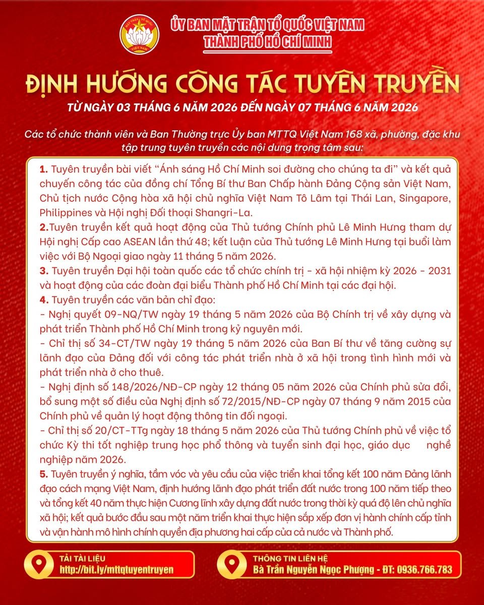 Định hướng công tác tuyên truyền từ ngày 03/6/2026 đến ngày 07/6/2026